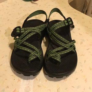 Green and gray Chacos